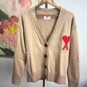 Ami Beige Cardigan with Red Heart Accent